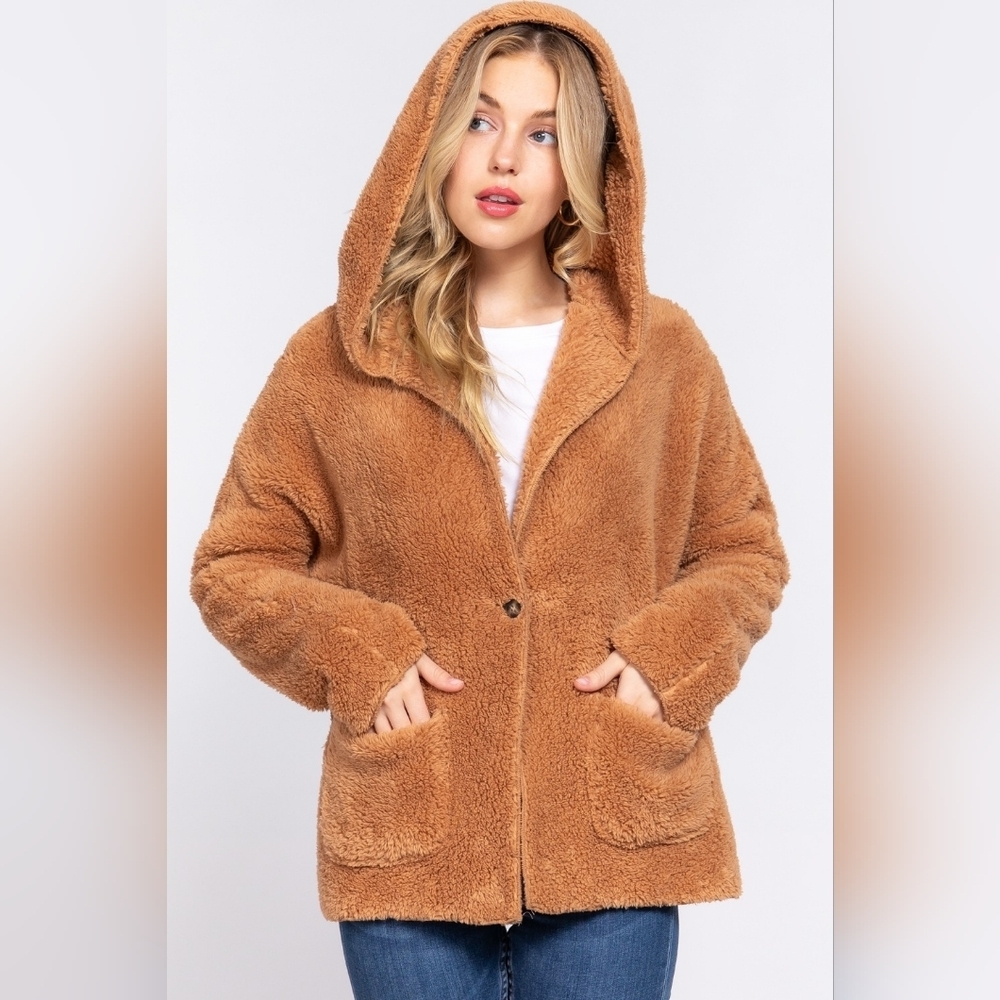 Camel Long Dolman Sleeve Hoodie Teddy Fur Fleece Jacket